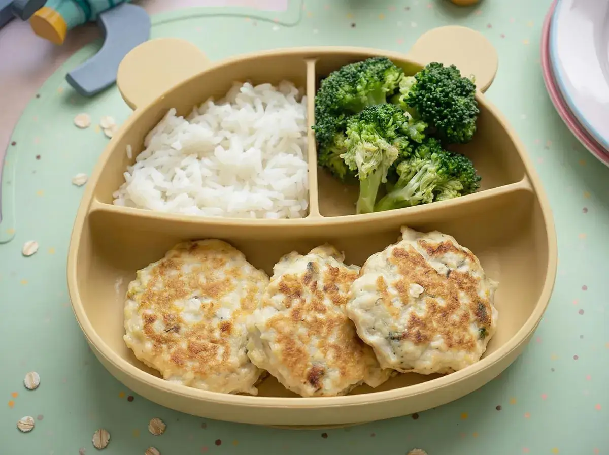 Deliciosas hamburguesas de pollo caseras para niños, acompañadas de arroz blanco y brócoli, servidas en un plato con forma de oso.