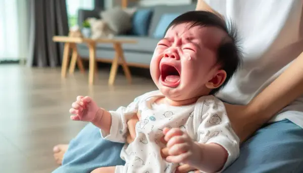 Un bebé enfadado llora desconsoladamente, con lágrimas en los ojos y la boca abierta.